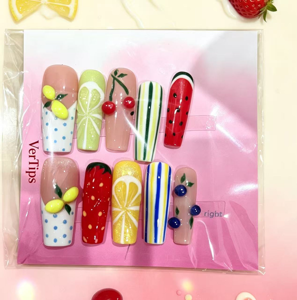 Summer 3D Fruit Press On Nails, Watermelon Lemon Cherry Strawberry Handmade Fake Nails｜Vertipsnails