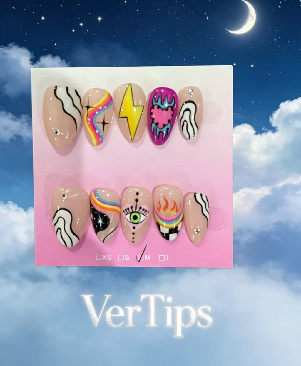 Y2K Psychedelic Hand Painted Press On Nails | Cool Eye Lightning Swirl Reusable Fake Nails