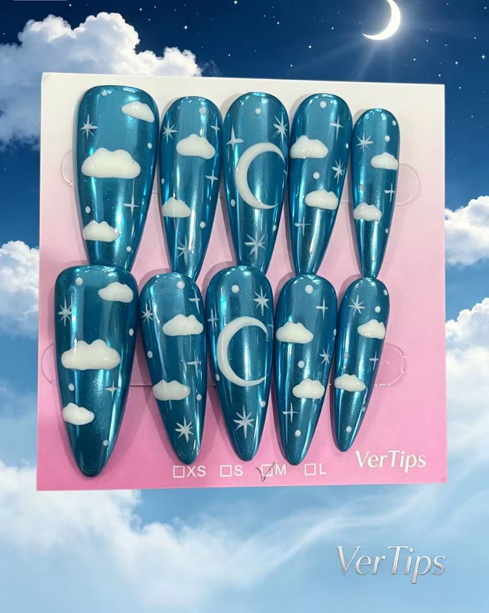 Sparkly Teal Cloud Press On Nails | Glossy Blue‑Green Swirl Reusable Handmade Fake Nails