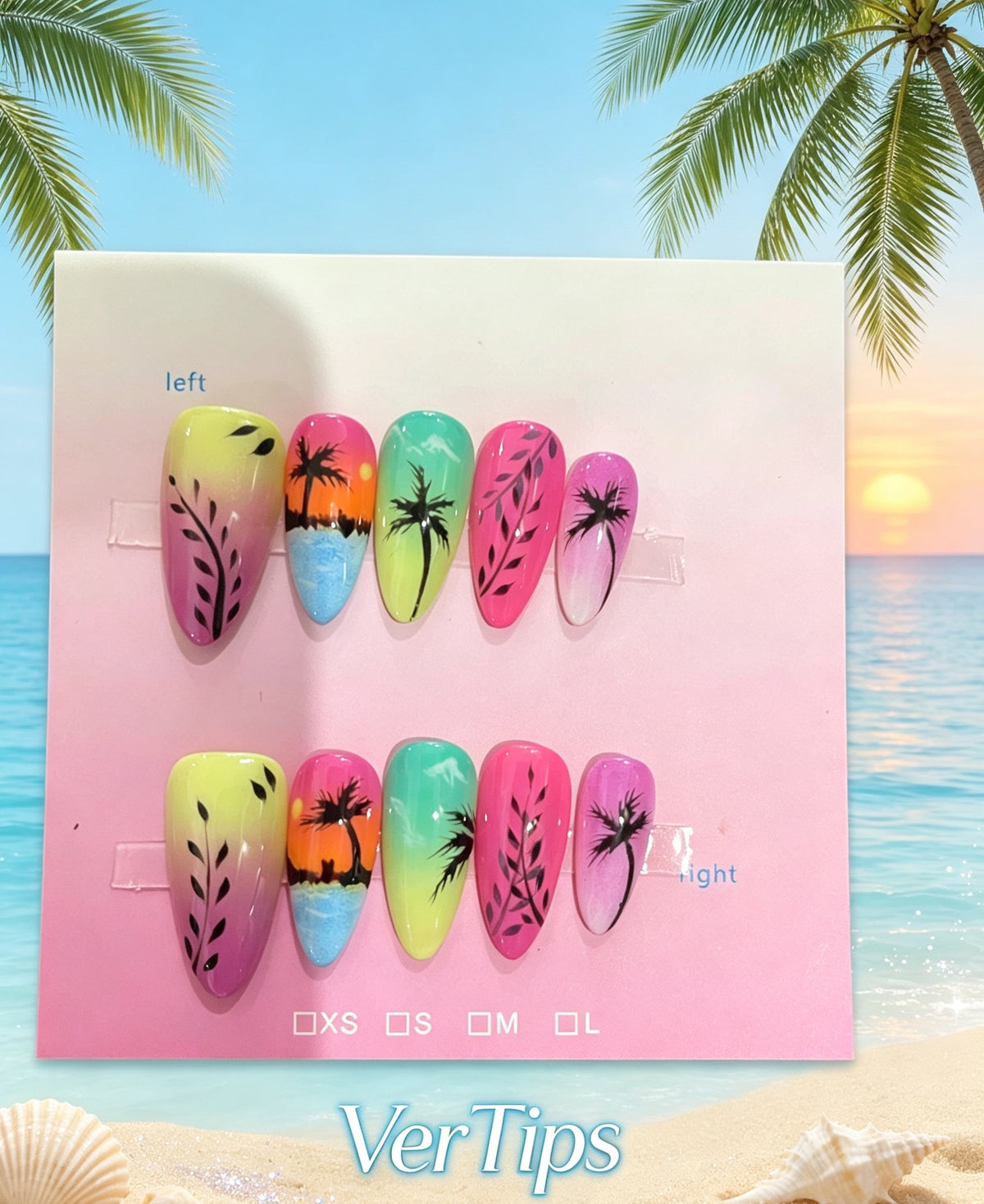 Tropical Summer Hand‑Painted Press On Nails | Colorful Palm Leaf Gradient Reusable Fake Nail