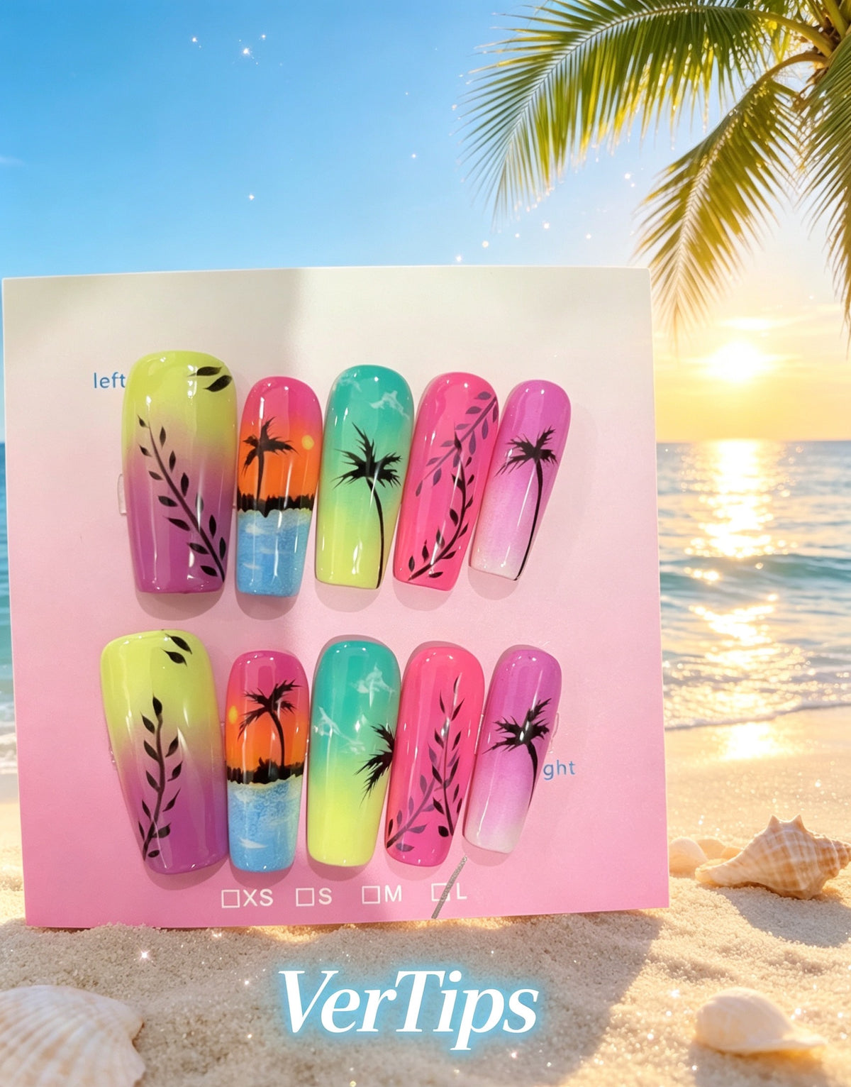 Tropical Summer Hand‑Painted Press On Nails | Colorful Palm Leaf Gradient Reusable Fake Nail