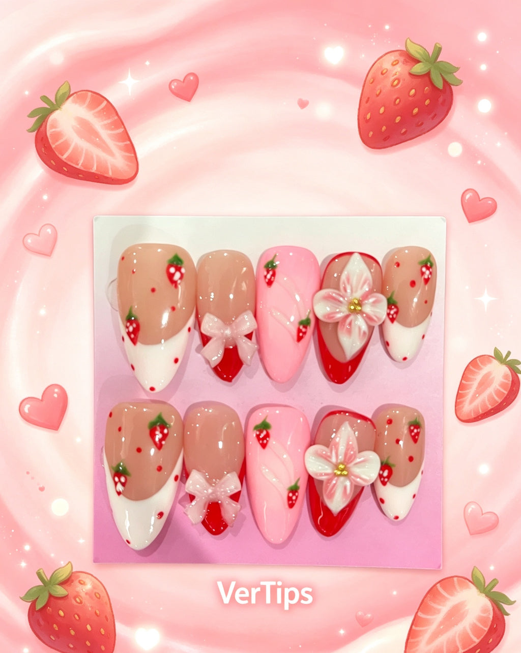 Summer 3D Fruit Press On Nails, Watermelon Lemon Cherry Strawberry Handmade Fake Nails｜Vertipsnails