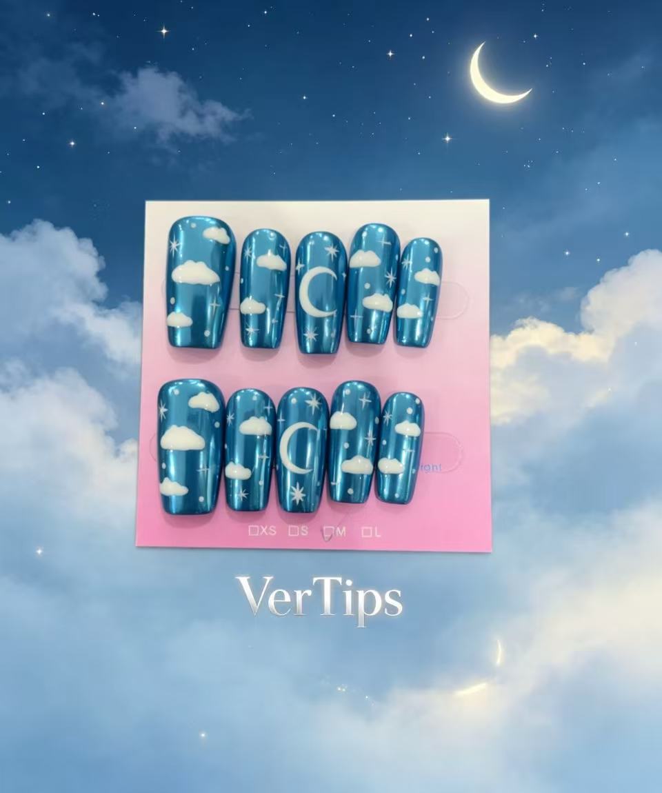 Sparkly Teal Cloud Press On Nails | Glossy Blue‑Green Swirl Reusable Handmade Fake Nails