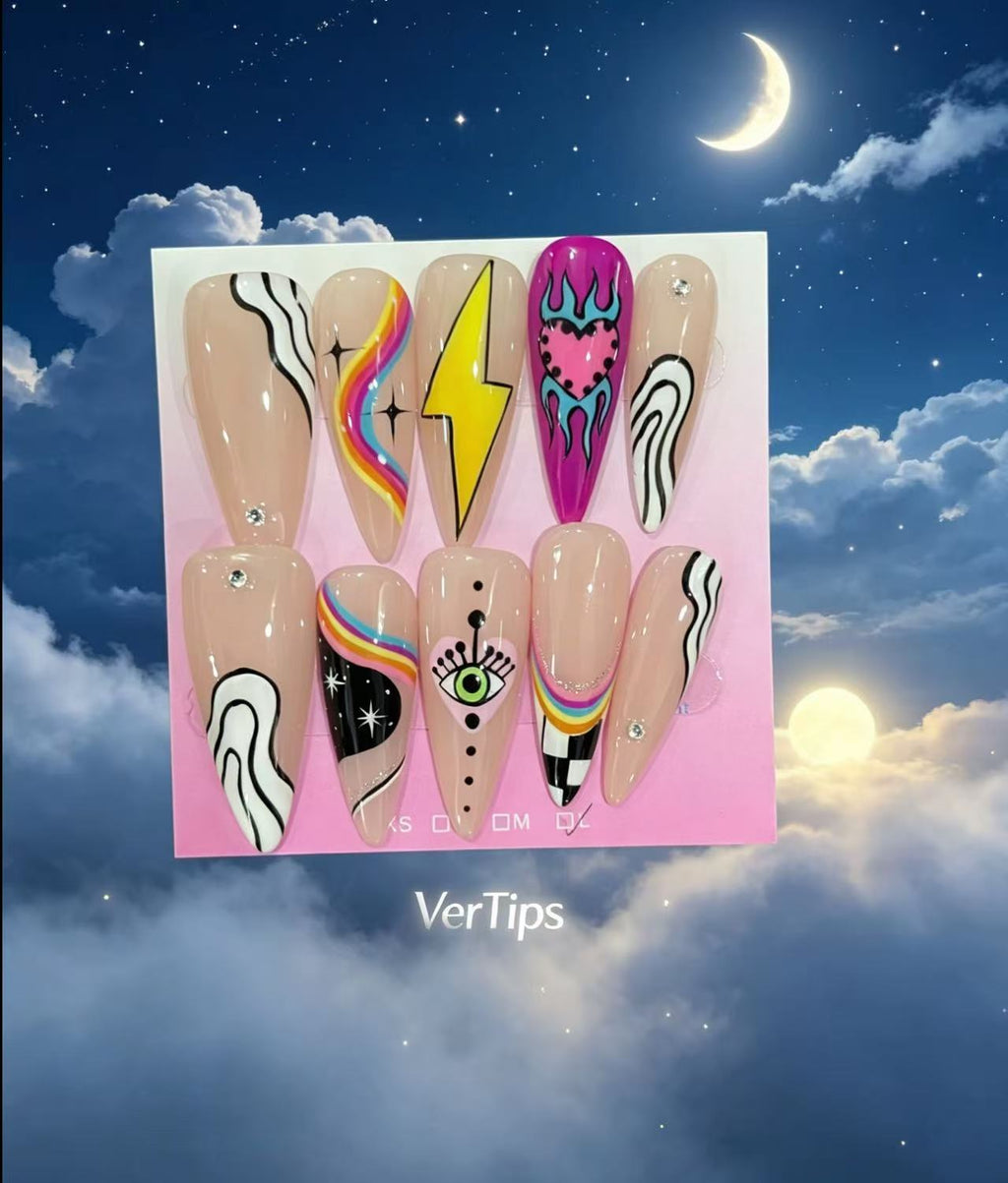 Y2K Psychedelic Hand Painted Press On Nails | Cool Eye Lightning Swirl Reusable Fake Nails