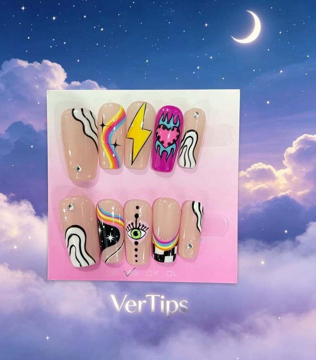 Y2K Psychedelic Hand Painted Press On Nails | Cool Eye Lightning Swirl Reusable Fake Nails