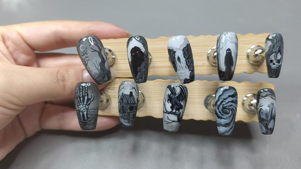 Haunted Gothic Press On Nails | Hand‑Painted Edgar Allan Poe Art