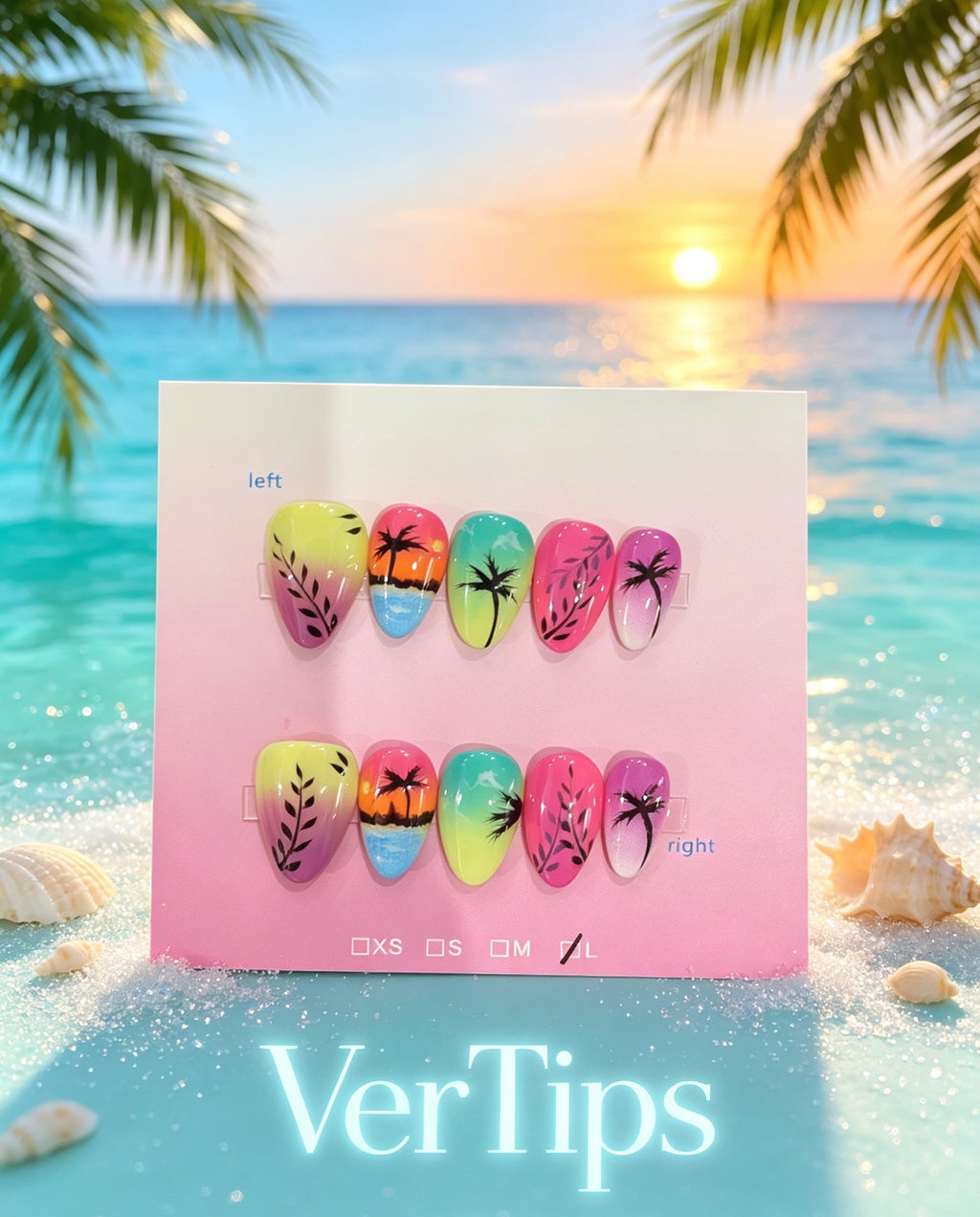 Tropical Summer Hand‑Painted Press On Nails | Colorful Palm Leaf Gradient Reusable Fake Nail