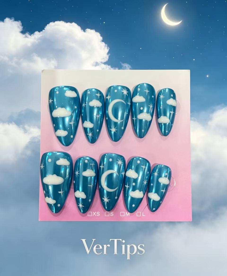 Sparkly Teal Cloud Press On Nails | Glossy Blue‑Green Swirl Reusable Handmade Fake Nails