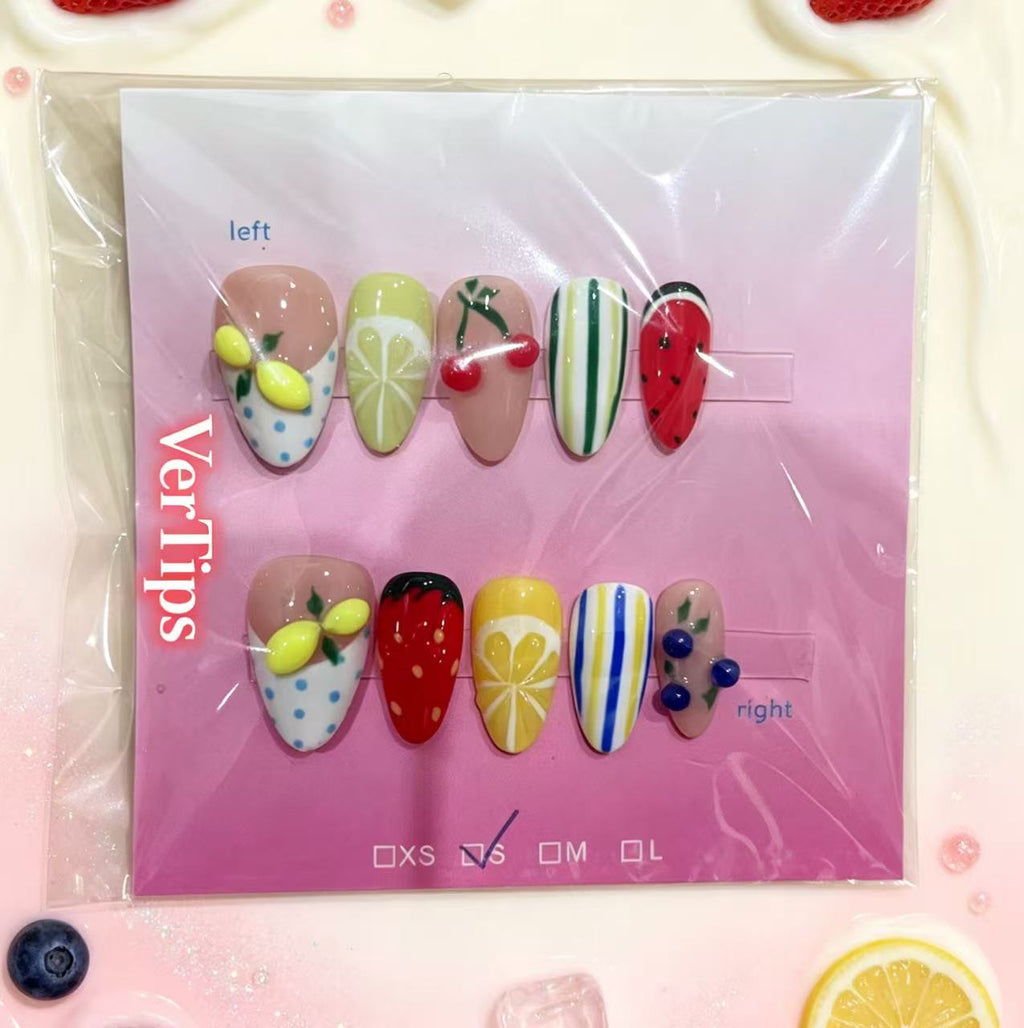 Summer 3D Fruit Press On Nails, Watermelon Lemon Cherry Strawberry Handmade Fake Nails｜Vertipsnails