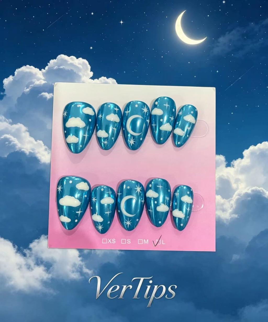 Sparkly Teal Cloud Press On Nails | Glossy Blue‑Green Swirl Reusable Handmade Fake Nails