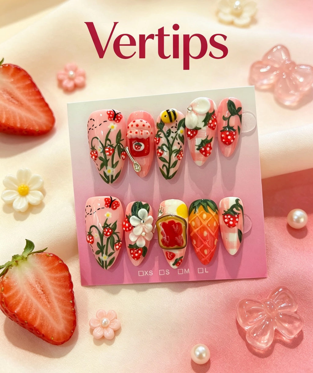 Summer 3D Fruit Press On Nails, Watermelon Lemon Cherry Strawberry Handmade Fake Nails｜Vertipsnails