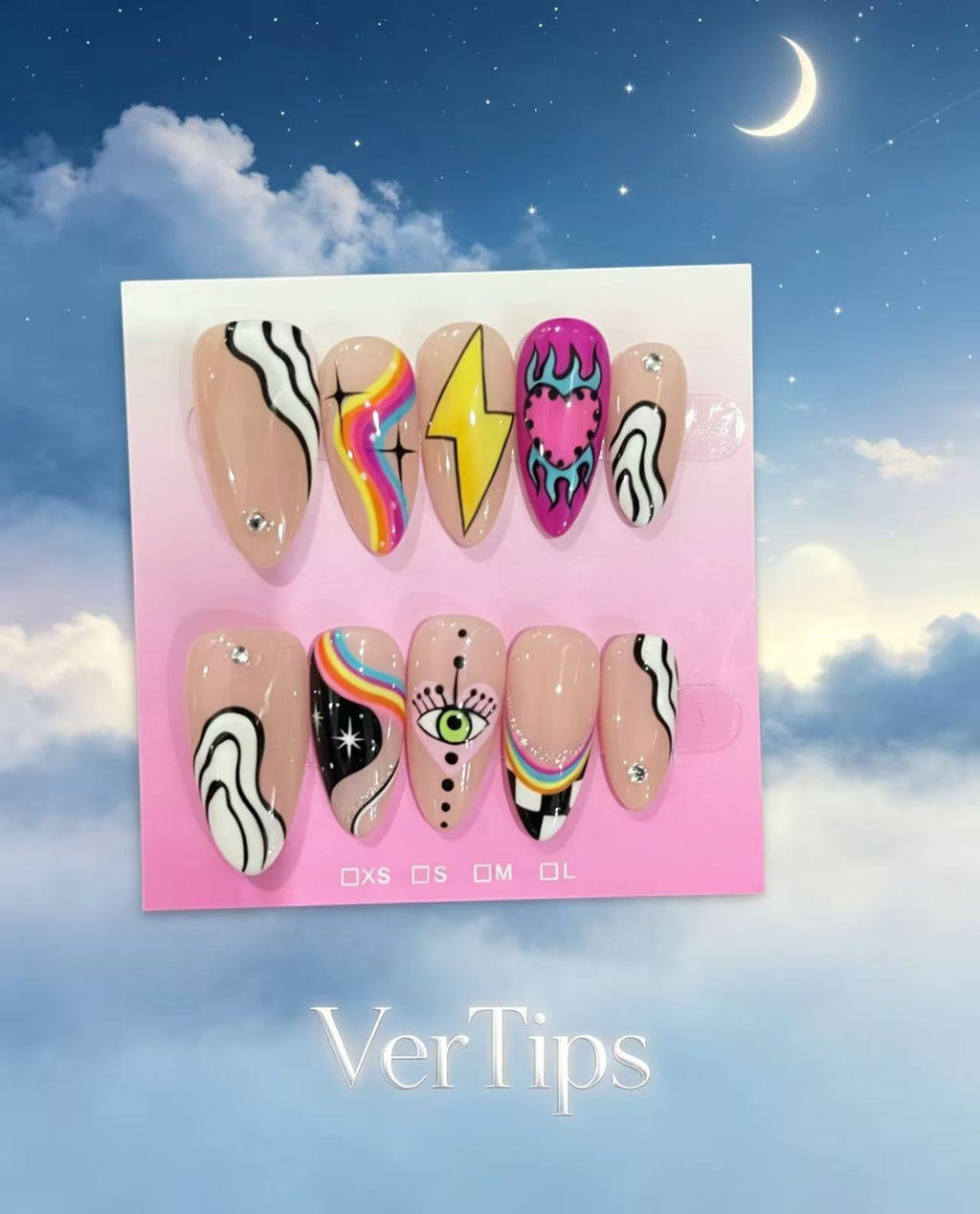 Y2K Psychedelic Hand Painted Press On Nails | Cool Eye Lightning Swirl Reusable Fake Nails