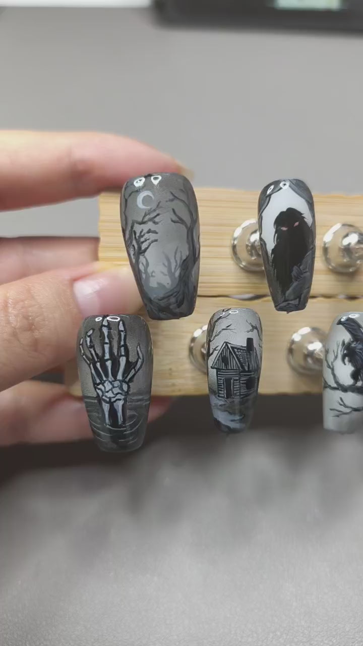 Haunted Gothic Press On Nails | Hand‑Painted Edgar Allan Poe Art